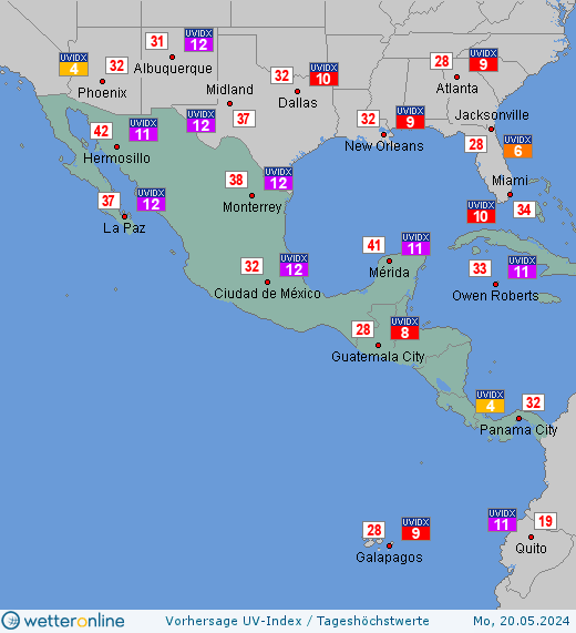 Zentralamerika: UV-Index-Vorhersage für Sonntag, den 28.04.2024