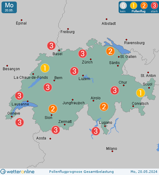 Schweiz: Pollenflugvorhersage Gesamtbelastung für Sonntag, den 28.04.2024