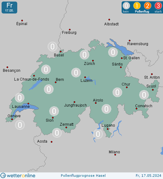 Schweiz: Pollenflugvorhersage Hasel für Sonntag, den 28.04.2024