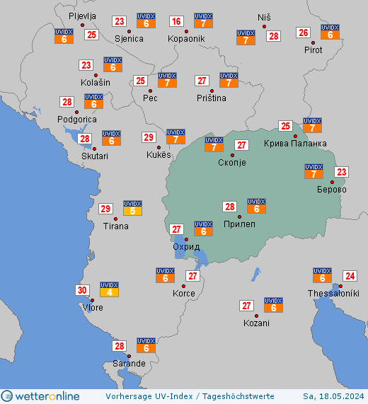 Nordmazedonien: UV-Index-Vorhersage für Sonntag, den 28.04.2024