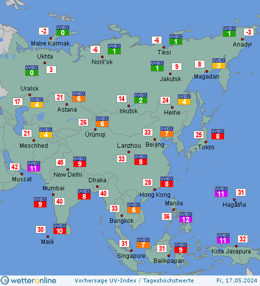 Asien: UV-Index-Vorhersage für Sonntag, den 28.04.2024