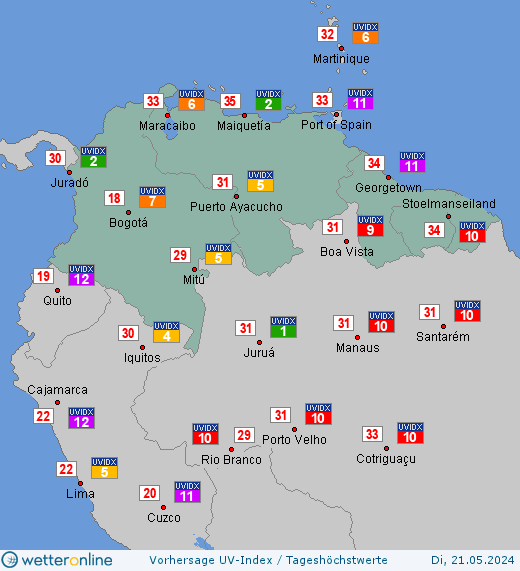 Nördliches Südamerika: UV-Index-Vorhersage für Montag, den 29.04.2024