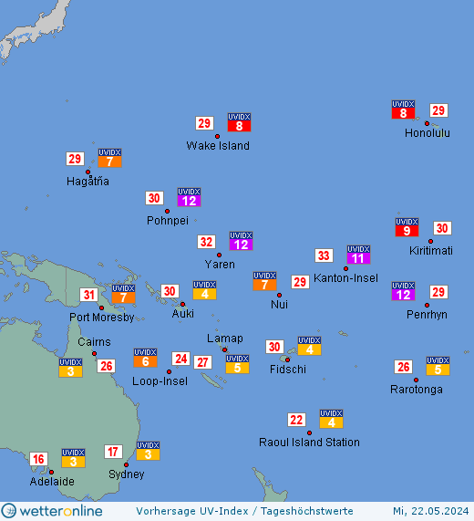 Pazifikinseln: UV-Index-Vorhersage für Montag, den 29.04.2024