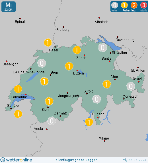 Vier Täler (in 1500m): Pollenflugvorhersage Roggen für Montag, den 29.04.2024