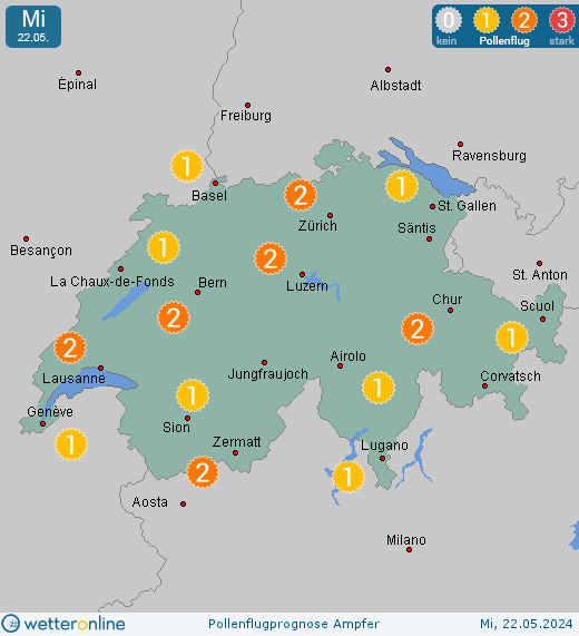 Bergün (in 1400m): Pollenflugvorhersage Ampfer für Montag, den 29.04.2024
