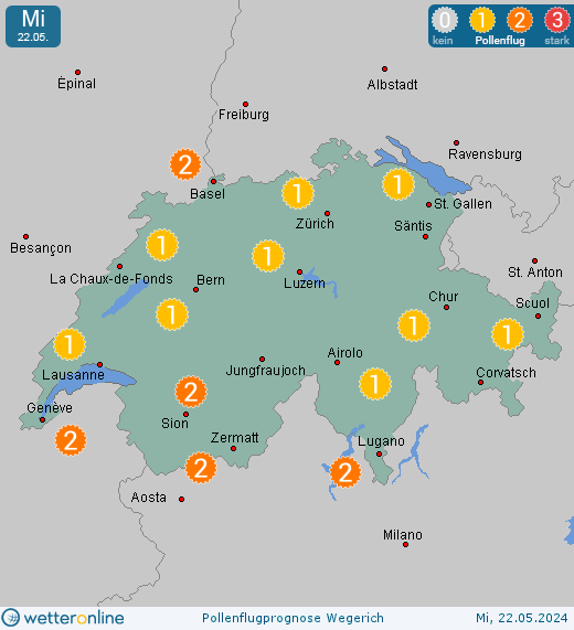 Chasseral (in 1600m): Pollenflugvorhersage Wegerich für Montag, den 29.04.2024
