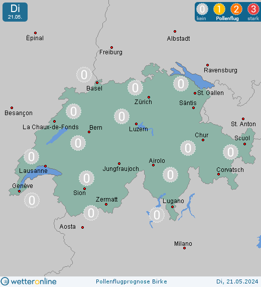 La Chaux-de-Fonds: Pollenflugvorhersage Birke für Montag, den 29.04.2024