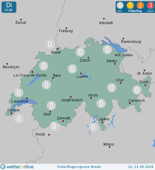 La Chaux-de-Fonds: Pollenflugvorhersage Weide für Montag, den 29.04.2024