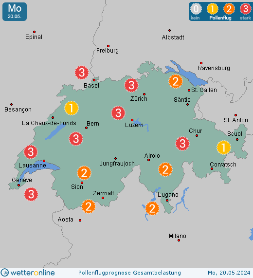 Schweiz: Pollenflugvorhersage Gesamtbelastung für Montag, den 29.04.2024