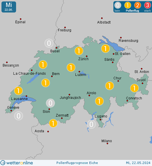 Zermatt: Pollenflugvorhersage Eiche für Montag, den 29.04.2024