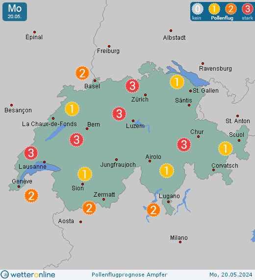 Schweiz: Pollenflugvorhersage Ampfer für Montag, den 29.04.2024
