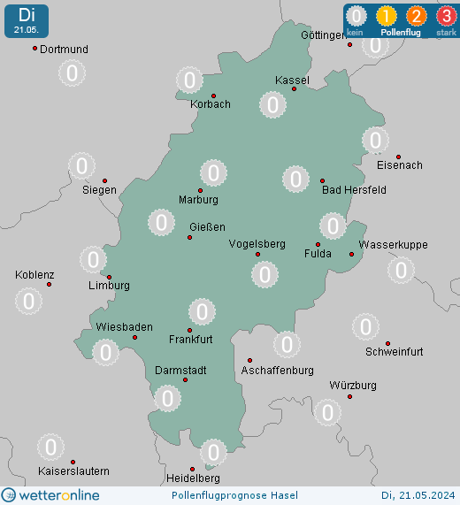 Bad Vilbel: Pollenflugvorhersage Hasel für Montag, den 29.04.2024