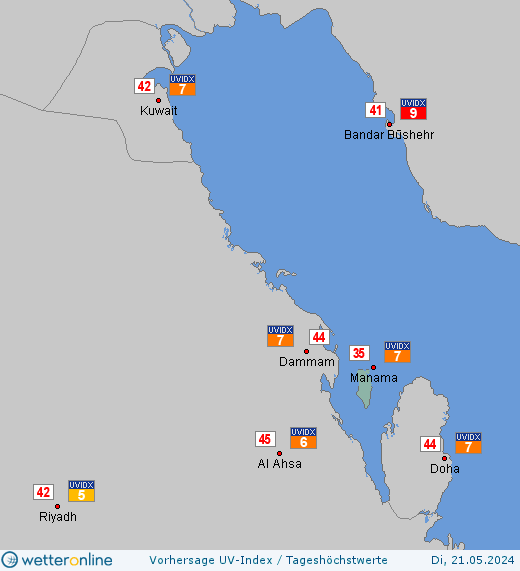 Bahrain: UV-Index-Vorhersage für Montag, den 29.04.2024