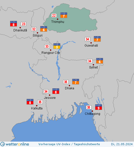 Bhutan: UV-Index-Vorhersage für Montag, den 29.04.2024
