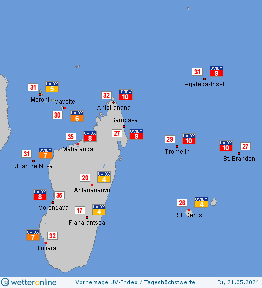 Komoren: UV-Index-Vorhersage für Montag, den 29.04.2024