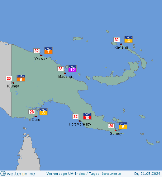 Papua-Neuguinea: UV-Index-Vorhersage für Montag, den 29.04.2024