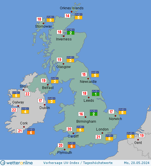 Vereinigtes Königreich: UV-Index-Vorhersage für Montag, den 29.04.2024