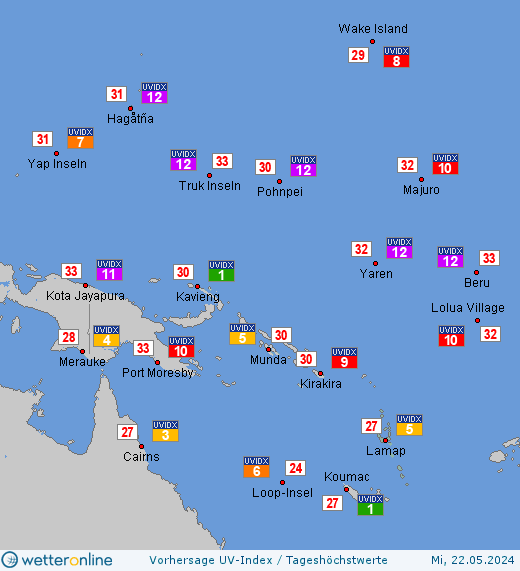 Vanuatu: UV-Index-Vorhersage für Montag, den 29.04.2024