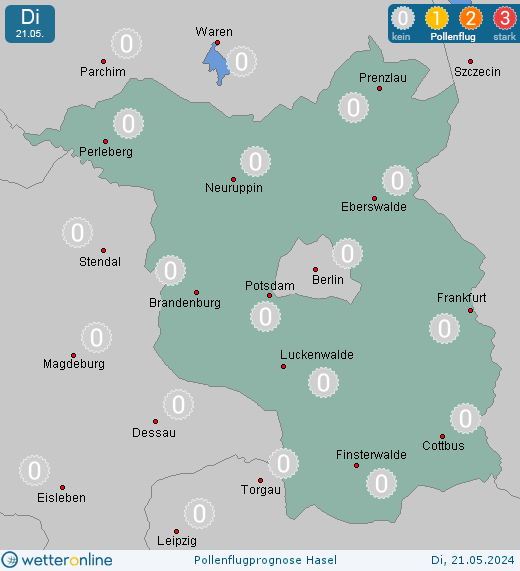 Teltow: Pollenflugvorhersage Hasel für Montag, den 29.04.2024