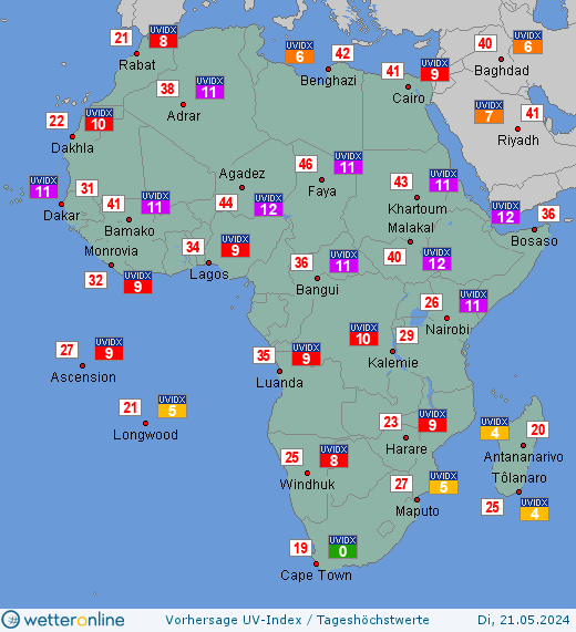 Afrika: UV-Index-Vorhersage für Montag, den 29.04.2024