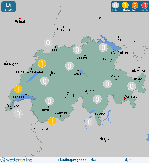 Mühlethal: Pollenflugvorhersage Eiche für Montag, den 29.04.2024