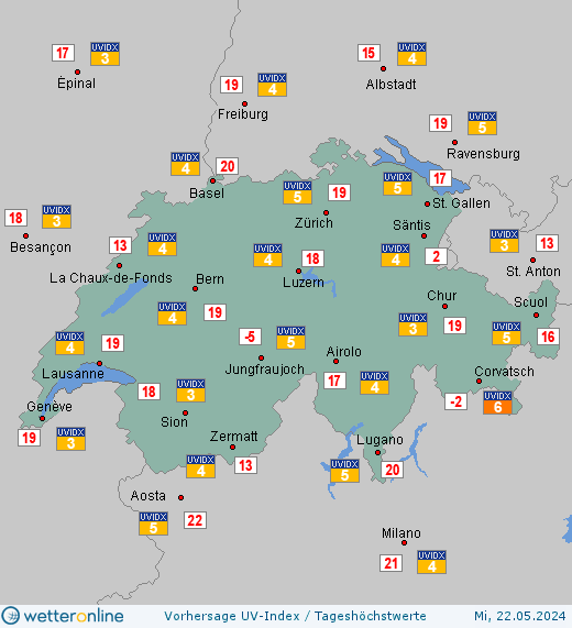 Schweiz: UV-Index-Vorhersage für Dienstag, den 30.04.2024