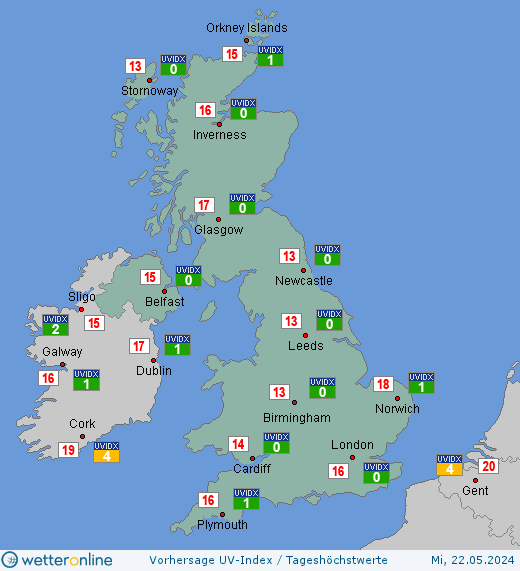 Vereinigtes Königreich: UV-Index-Vorhersage für Dienstag, den 30.04.2024