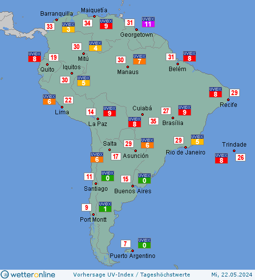 Südamerika: UV-Index-Vorhersage für Dienstag, den 30.04.2024
